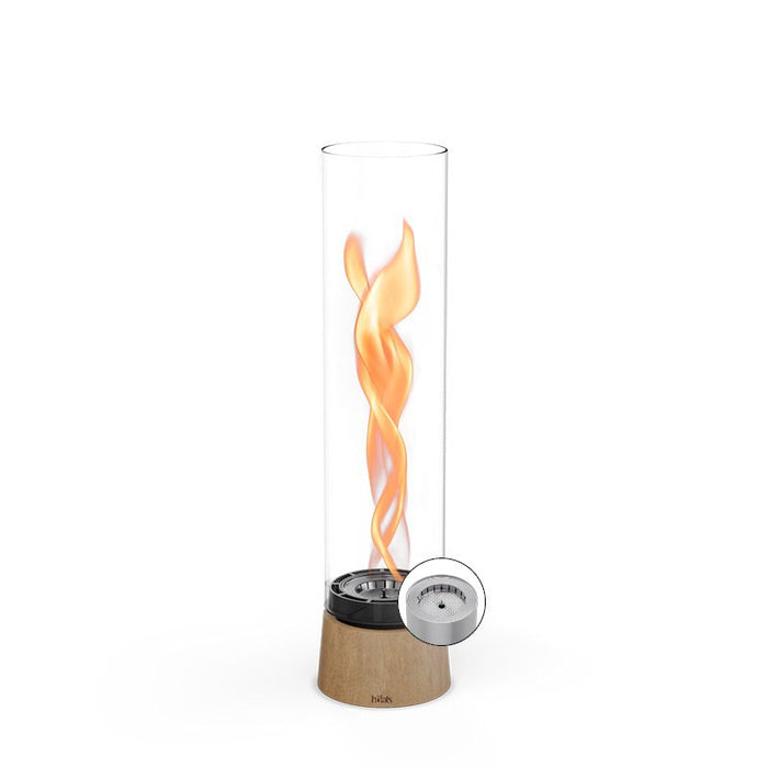 Cheminée de table bioéthanol Spin Air 1200 avec socle en chêne massif de la marque Höfats. Tourbillon de flamme sous cylindre en verre.
