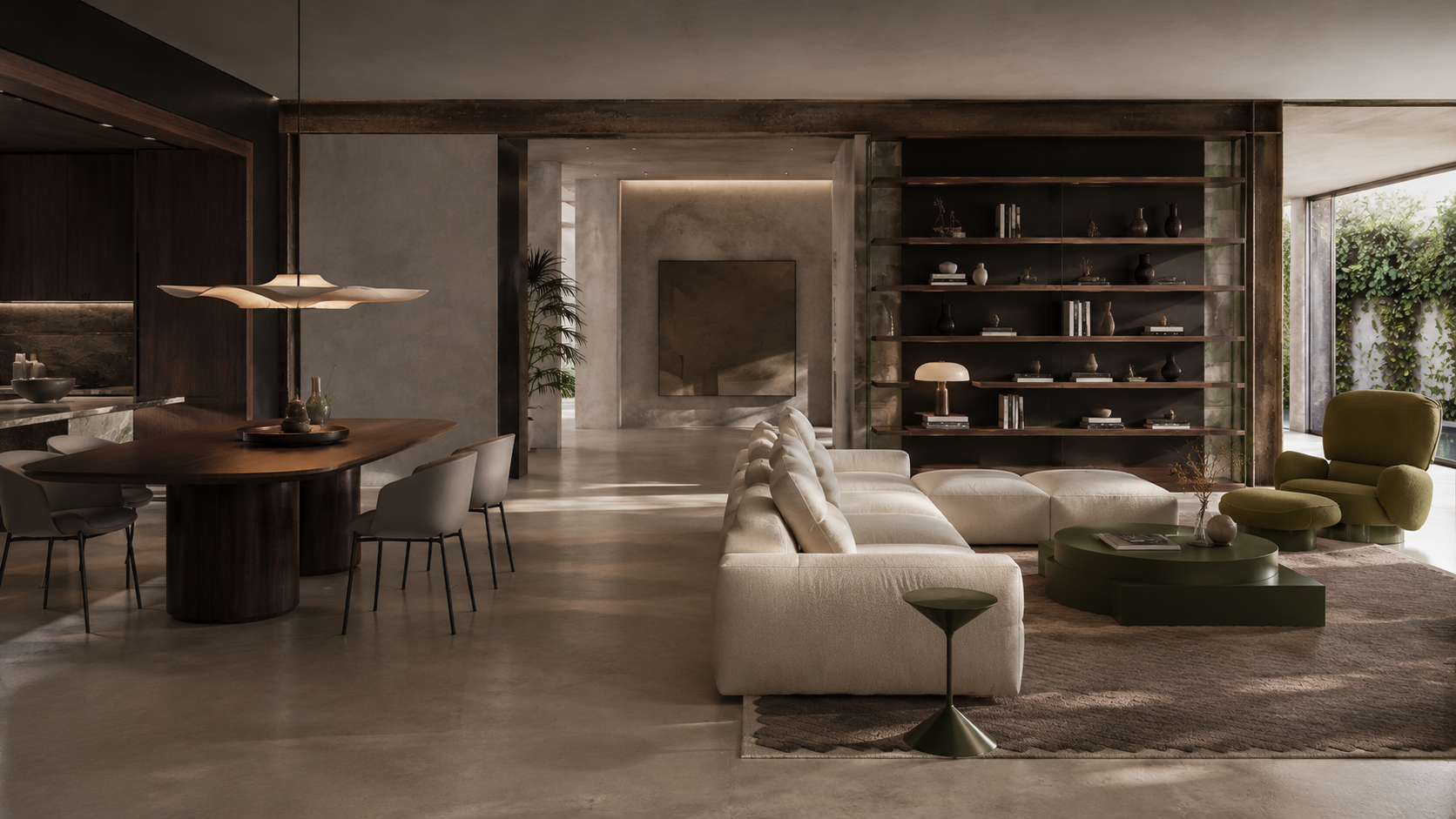 Living area designed around the furniture, traffic flow, and light