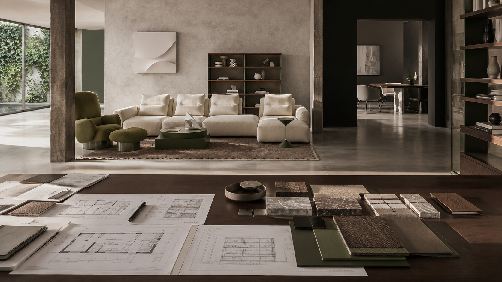 Furniture, layouts, and materials conceived together in an interior architecture project