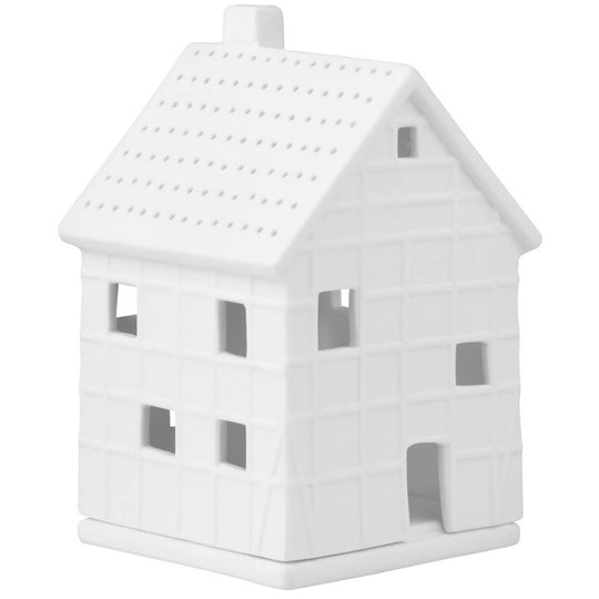 Maisonnette lumineuse à colombages en porcelaine blanche mat Räder, lanterne décorative avec ouvertures stylisées