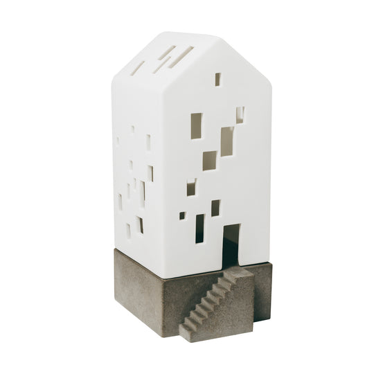 Lanterne décorative porcelaine et béton Räder, décoration lumineuse moderne pour intérieur contemporain