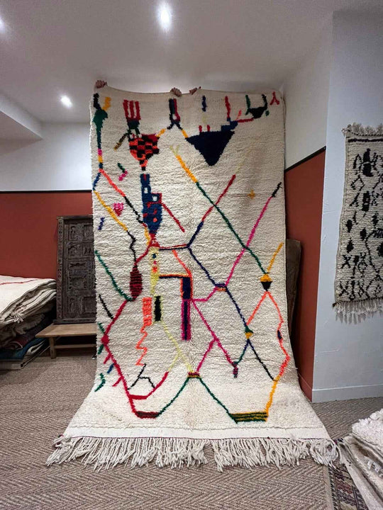 Tapis berbère Azilal multicolore 280x162cm en laine fait main, face poils longs hiver
