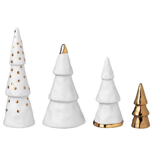 Sapins miniatures porcelaine Räder blanc mat avec finition dorée, ensemble décoration table de fête