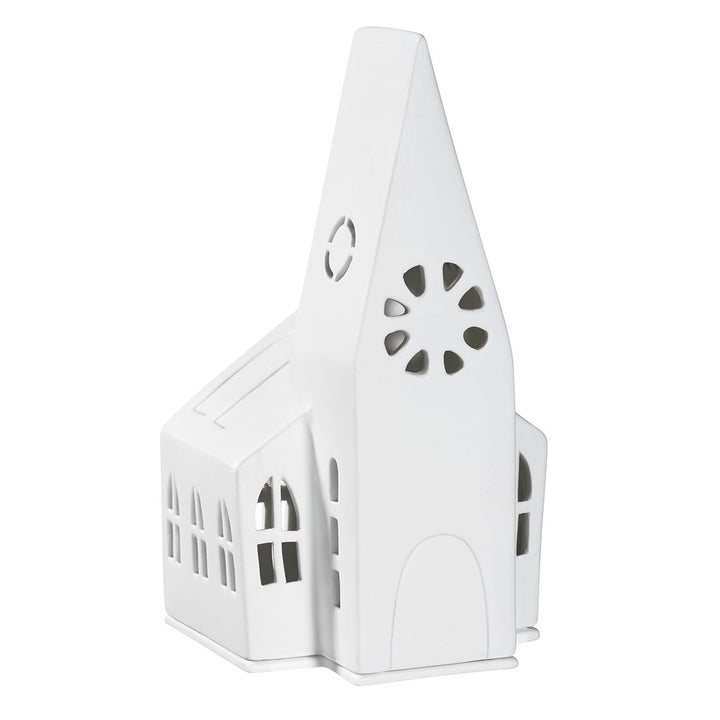 Grande église lumineuse en porcelaine mate Räder avec reliefs gravés et ouvertures pour bougie