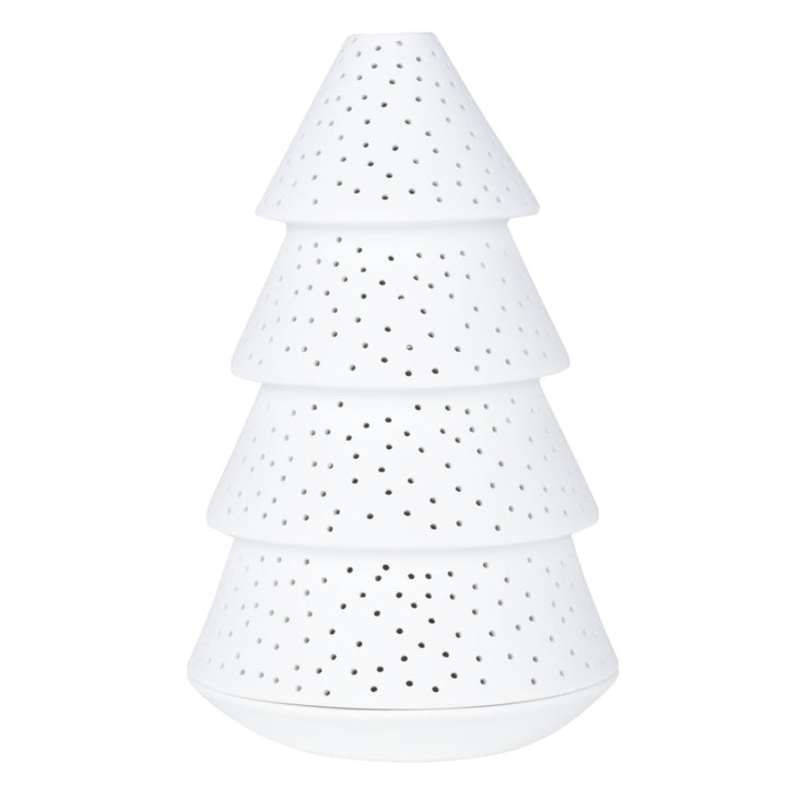 Lanterne décor sapin porcelaine Räder, bougeoir blanc naturel ajouré pour éclairage doux et ambiance hivernale