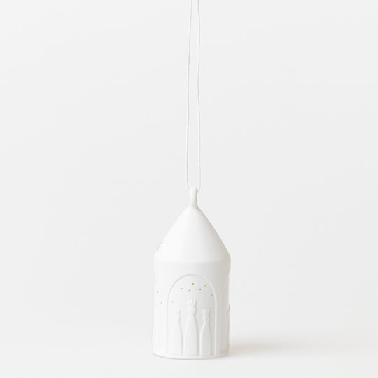 Pendentif porcelaine Crèche blanc mat Räder avec relief or, ornement sapin de Noël artisanal
