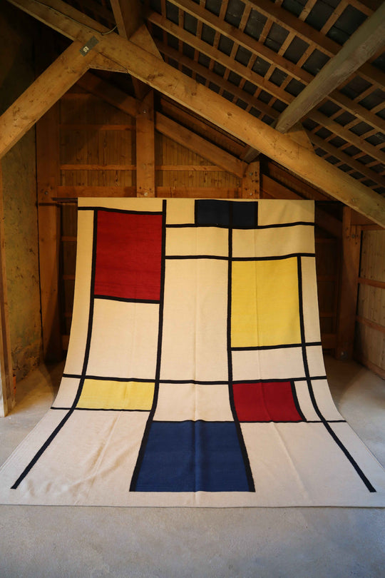 Kilim contemporain Mondrian aux motifs géométriques colorés, tapis en laine artisanale turque