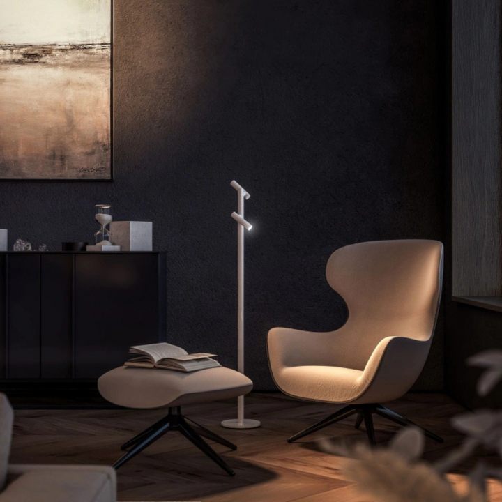 Détail des têtes orientables 360 degrés du lampadaire TUBO 2 Sompex design moderne