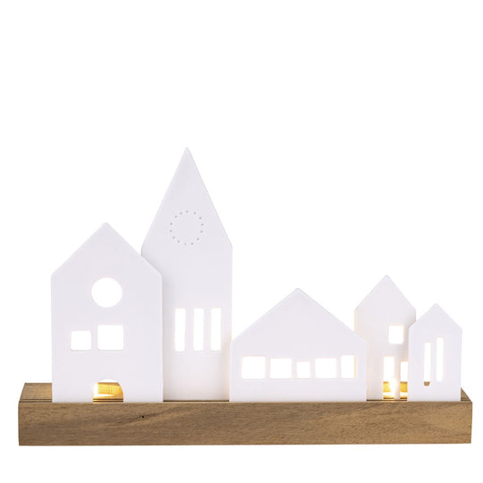 Bougeoir Räder porcelaine blanche mate avec base bois d'acacia et détails dorés, style design nordique minimaliste