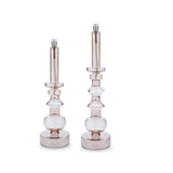 Détail de la lampe à huile design Peri Living empilée verre champagne et chrome