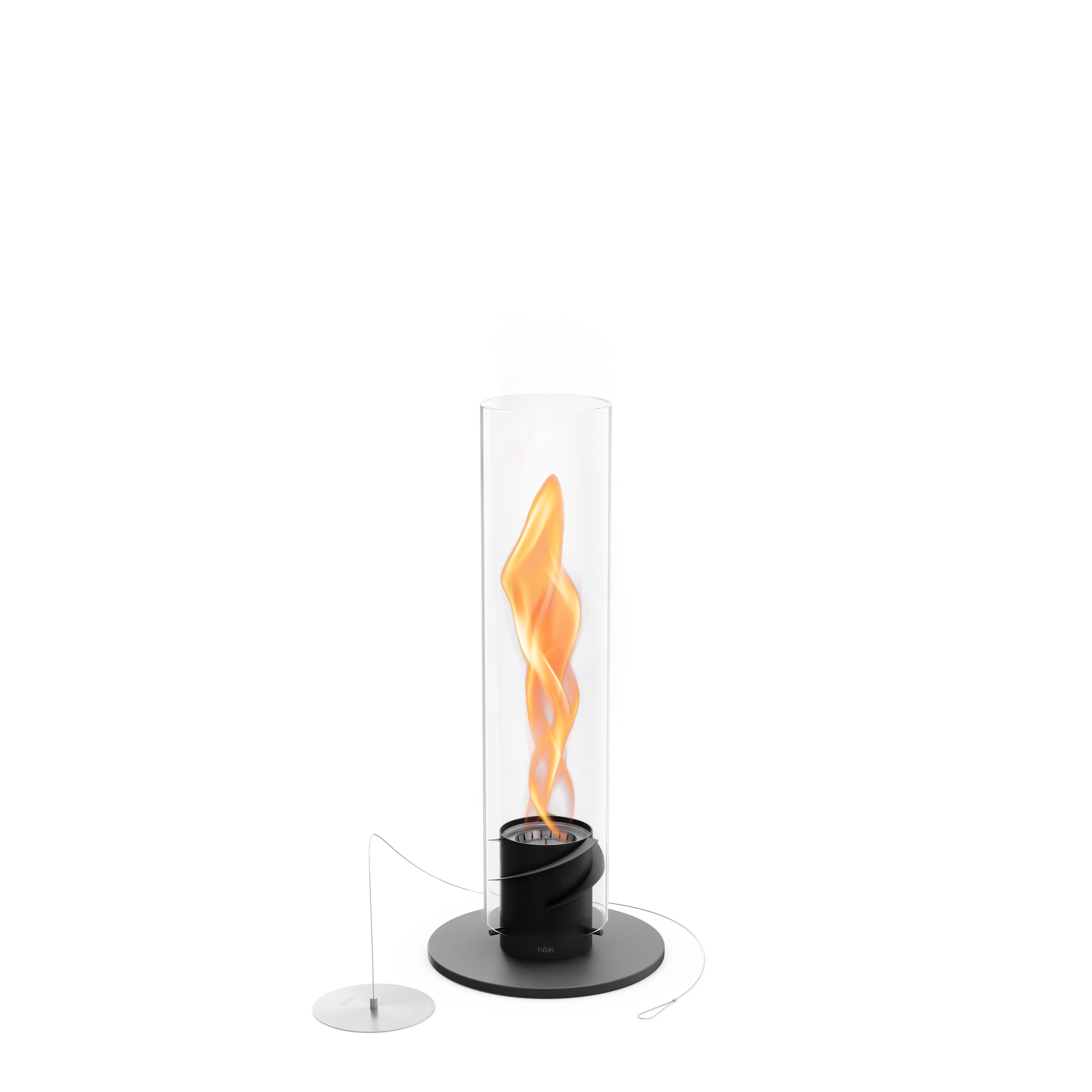 Cheminée de table compacte au bioéthanol Höfats SPIN 900 noir mat. Structure comprenant un cylindre protecteur en verre borosilicaté et un socle en acier inoxydable revêtu par poudre.