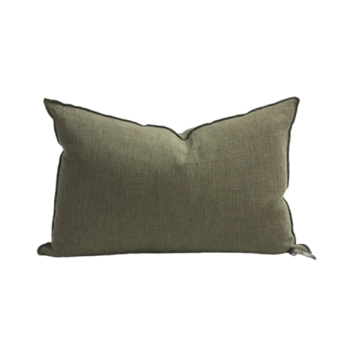Coussin rectangulaire 40x60 en lin crépon kaki Maison de Vacances, texture naturelle épais