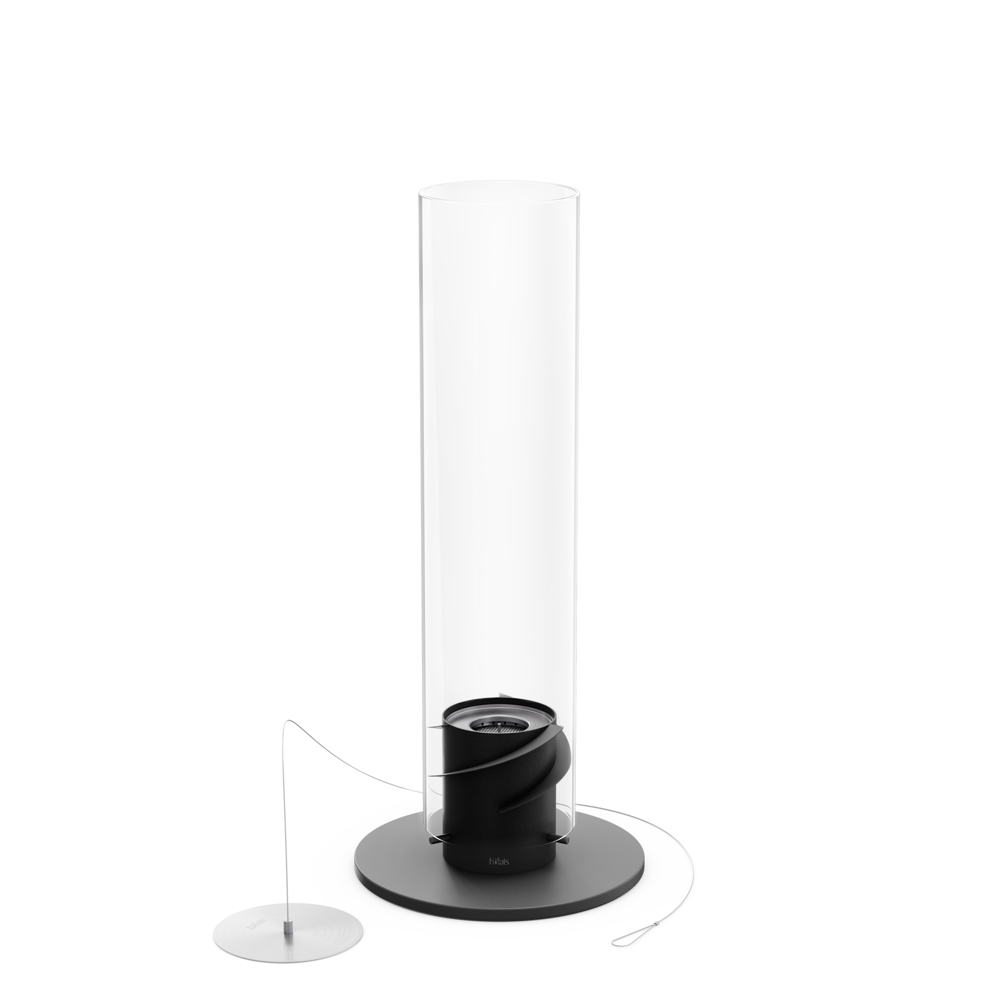 Gros plan sur le socle en acier noir mat du Höfats SPIN 1200, intégrant une base de protection pour garantir la stabilité et isoler les surfaces fragiles de la chaleur.