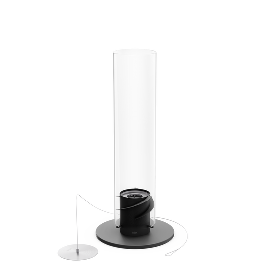 Gros plan sur le socle en acier noir mat du Höfats SPIN 1200, intégrant une base de protection pour garantir la stabilité et isoler les surfaces fragiles de la chaleur.