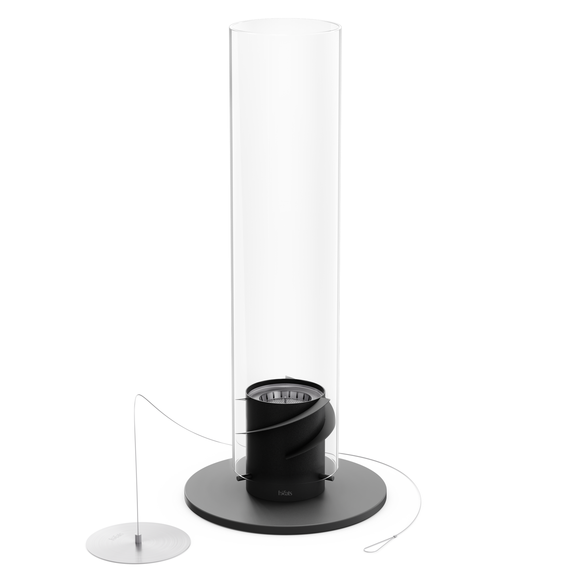 Gros plan sur la base en acier noir mat et l'intégration du brûleur à bioéthanol liquide avec système anti-fuite de la cheminée Höfats SPIN 1500.