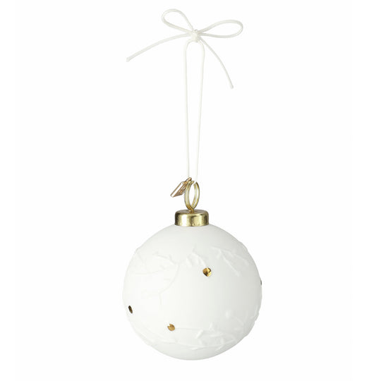 Boule de Noël en porcelaine blanche mate avec motif branche d'hiver et détails dorés Räder