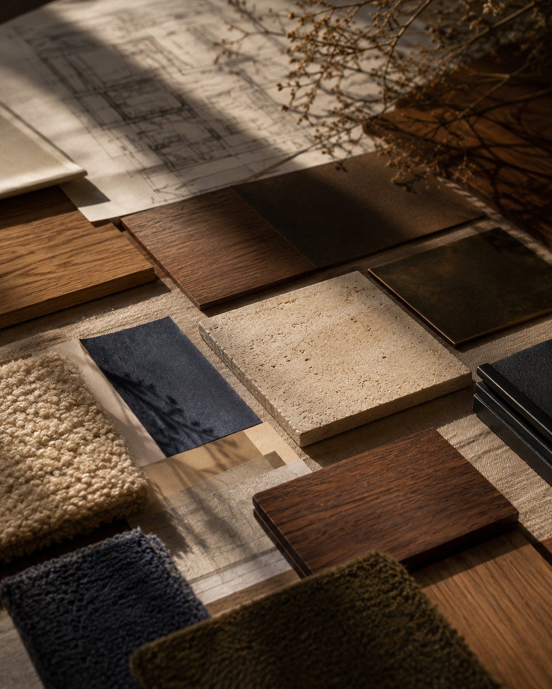 Stone, wood, mineral plaster, and textile samples for an interior renovation in Brittany