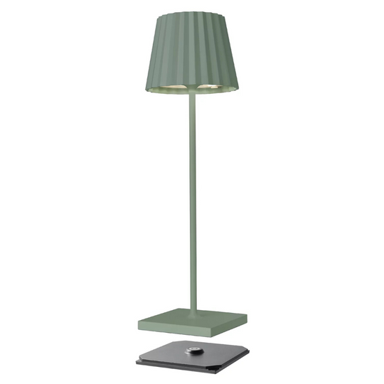 Lampe Troll 2.0 vert olive Sompex vue frontale avec abat-jour plissé aluminium