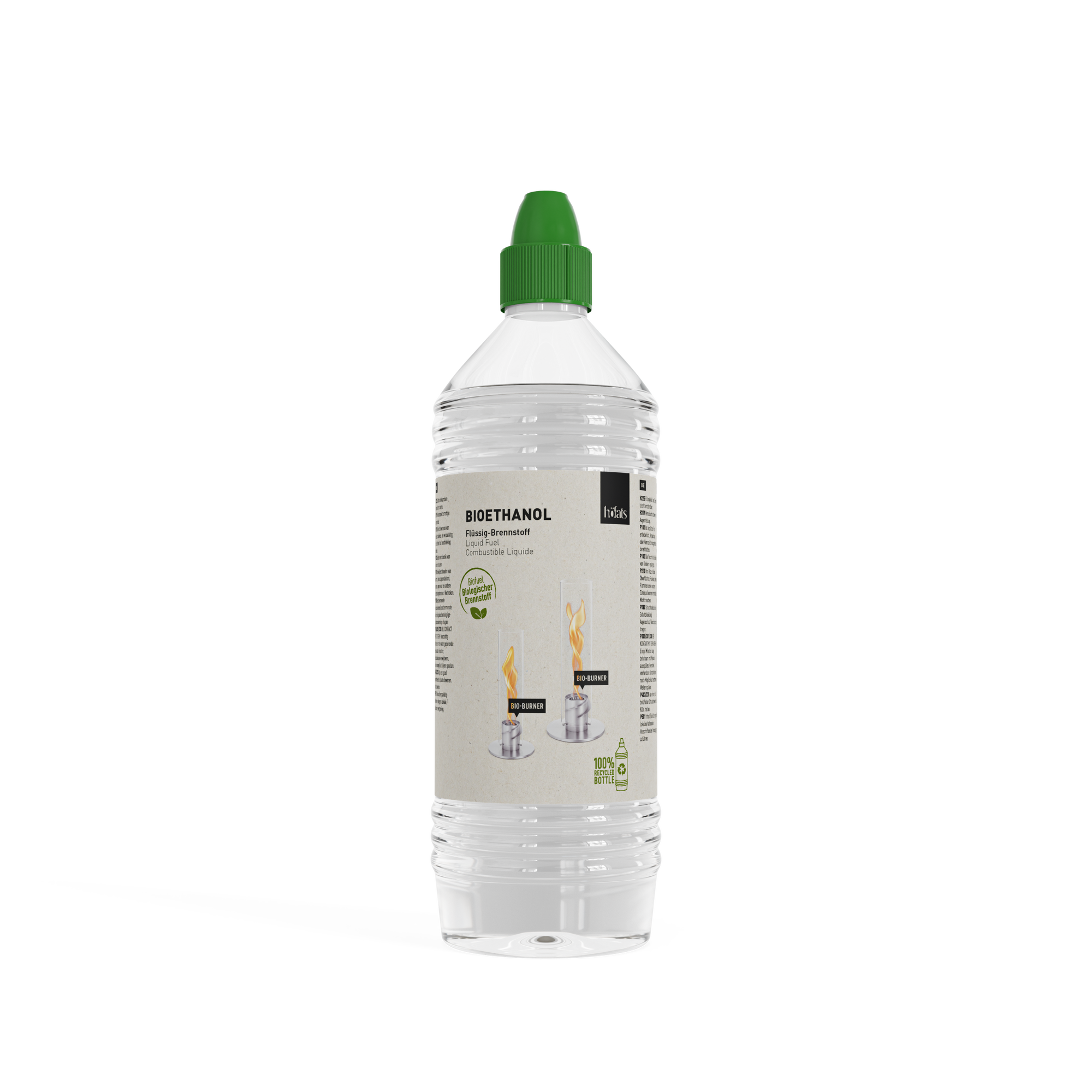 Remplissage du réservoir d'un brasero de table Höfats Spin avec la bouteille de bioéthanol liquide de 1L.