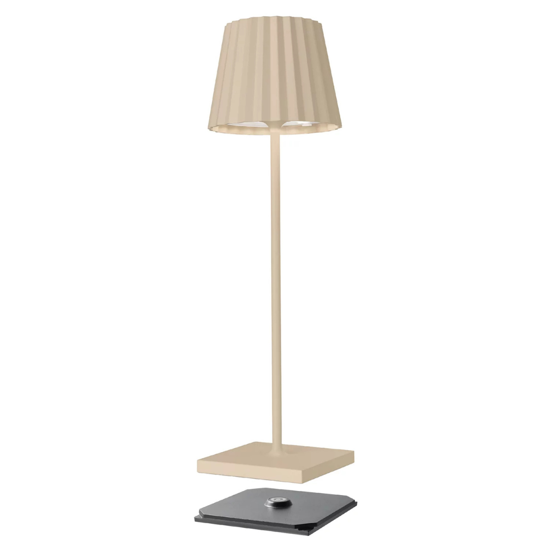 Lampe Troll 2.0 Sompex sable avec abat-jour plissé aluminium et LED rechargeable
