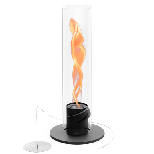 Démonstration du système de flux d'air interne générant un effet de flamme tourbillonnante amplifiée à l'intérieur du cylindre en verre du Höfats SPIN 1500.