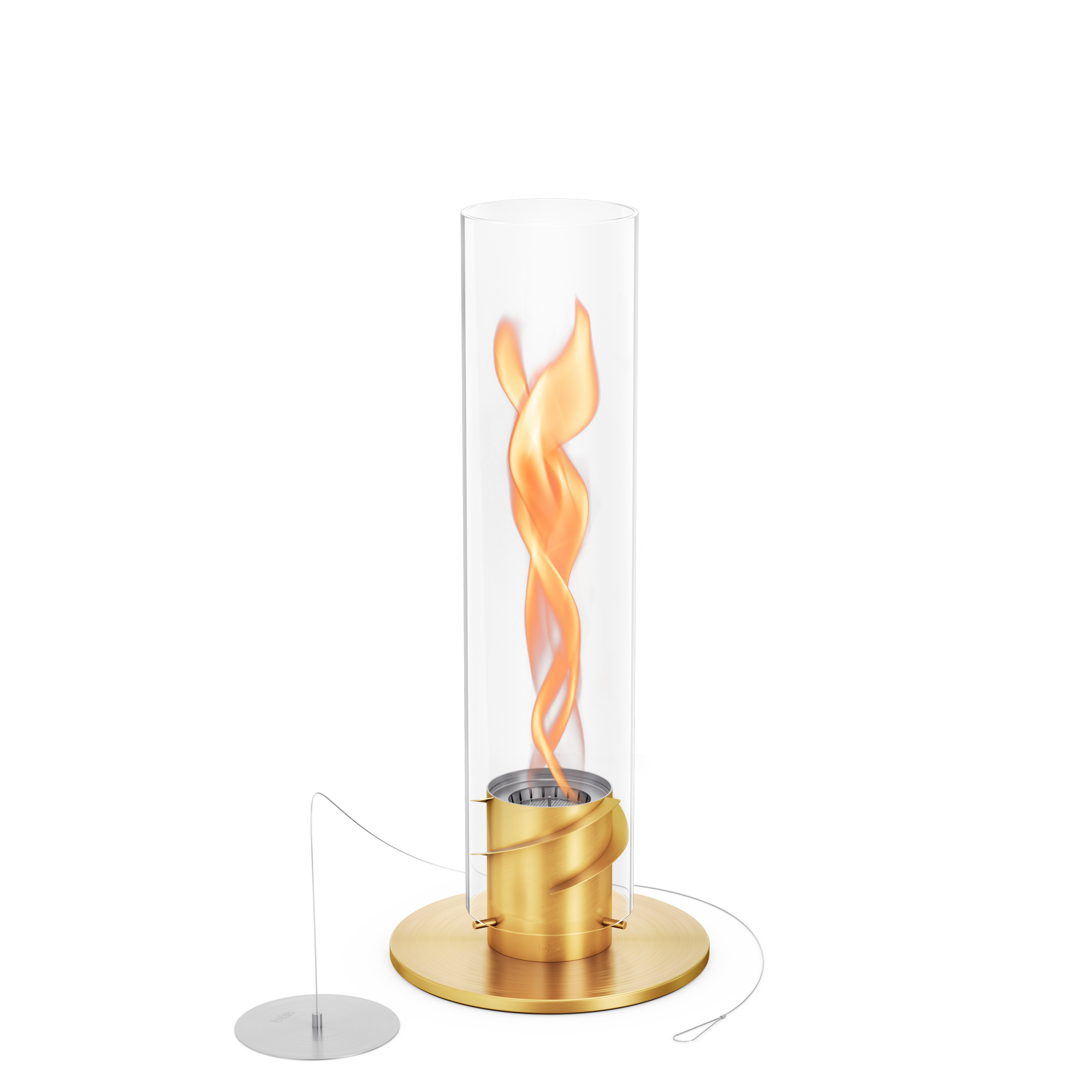 Effet de flamme tourbillonnante amplifiée thermiquement par le système de flux d'air interne du Höfats SPIN 1200, contrastant avec la base couleur or du brasero.