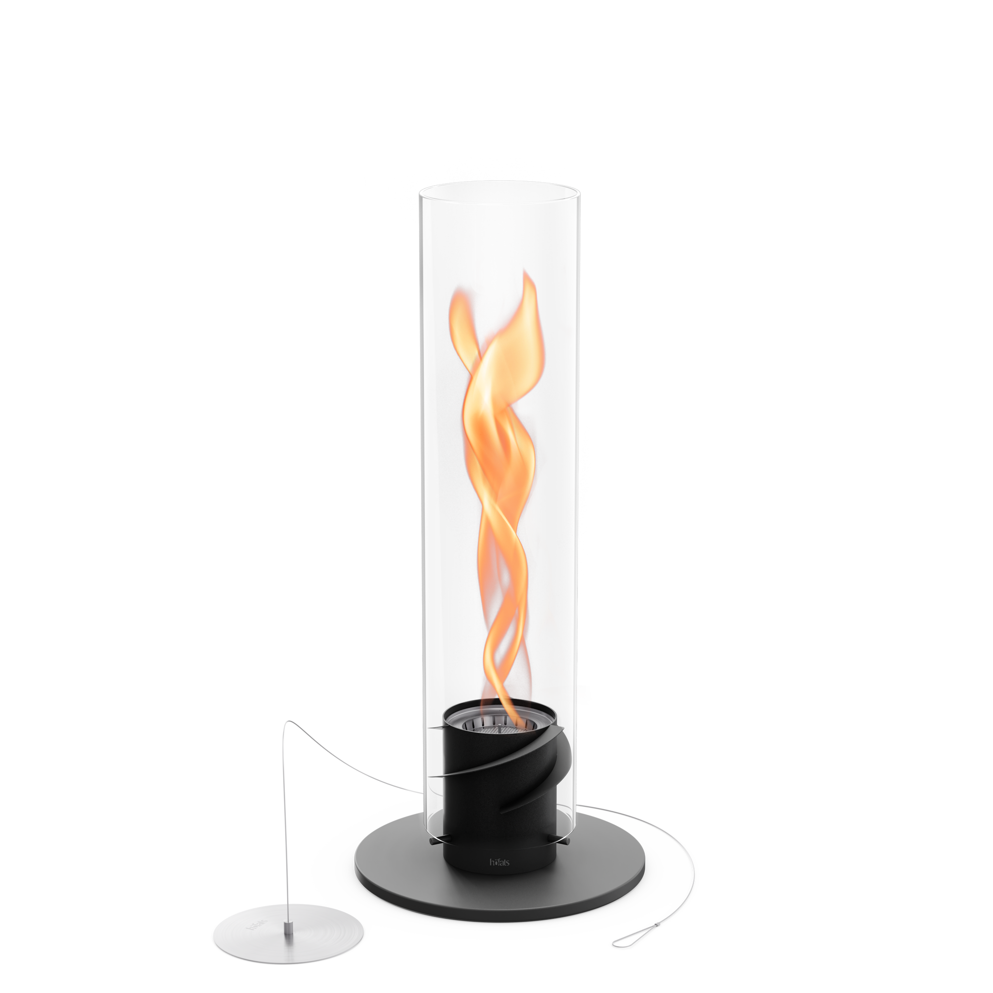 Démonstration de la technologie de flux d'air interne du Höfats SPIN 1200 créant un effet de flamme tourbillonnante avec un rendement thermique et visuel optimisé.