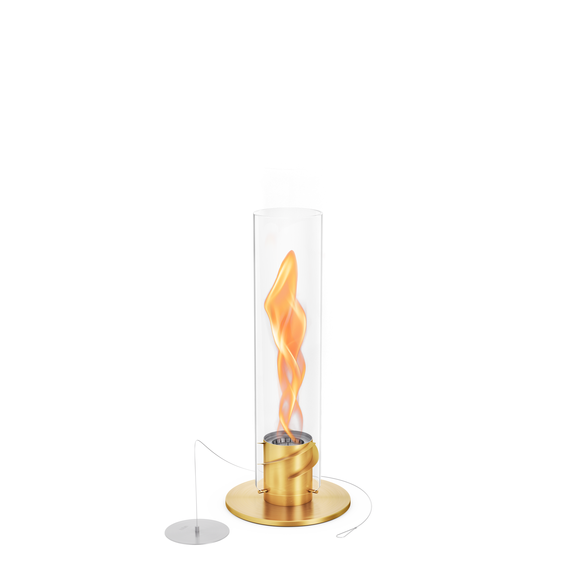 Démonstration de la dynamique des fluides interne du Höfats SPIN 900 créant une flamme tourbillonnante thermique à l'intérieur du tube en verre, optimisant la combustion du bioéthanol.