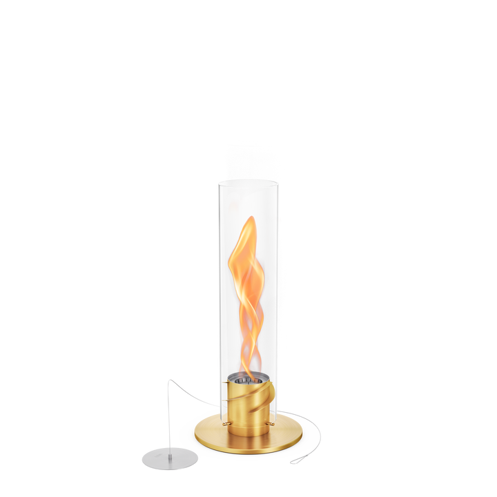 Démonstration de la dynamique des fluides interne du Höfats SPIN 900 créant une flamme tourbillonnante thermique à l'intérieur du tube en verre, optimisant la combustion du bioéthanol.