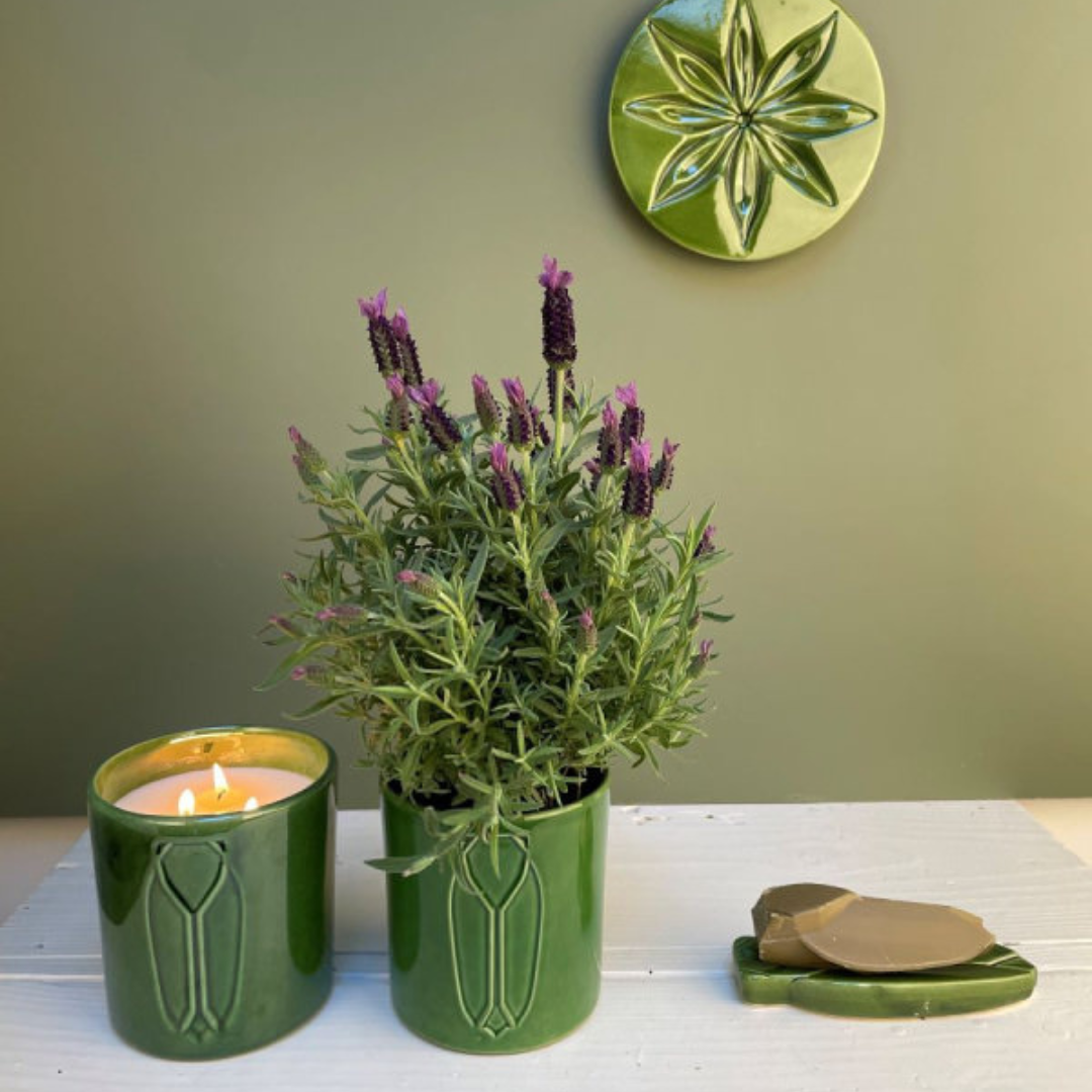 Bougie luxe Monochromic cire végétale coco soja, design céramique symbolique, notes olfactives Provence feuille figuier citron